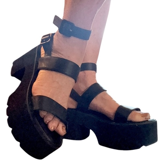 Women’s Black Chunky Deadstock Platform Sandals with Dual Adjustable Ankle Strap